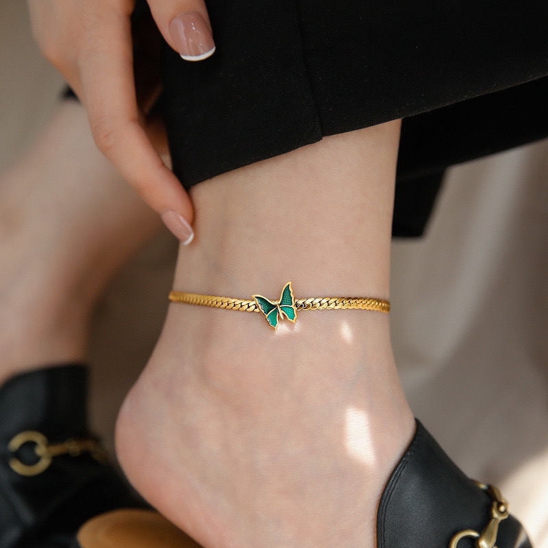 Butterfly Titanium Steel Anklet with Green Charm