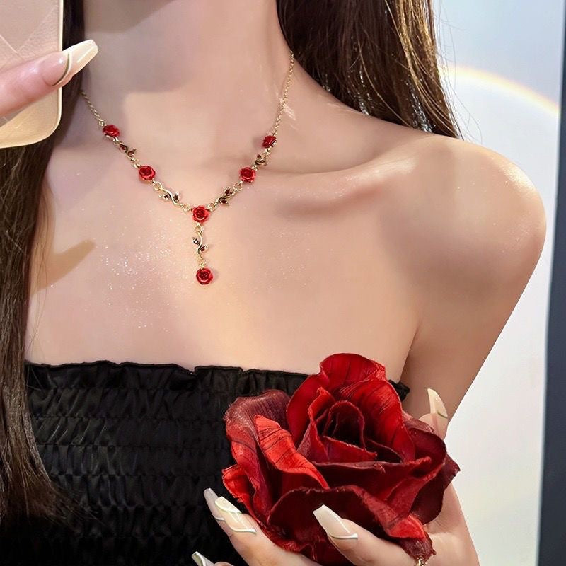 Vintage Rose Flower Jewelry Set Necklace Bracelet Earrings
